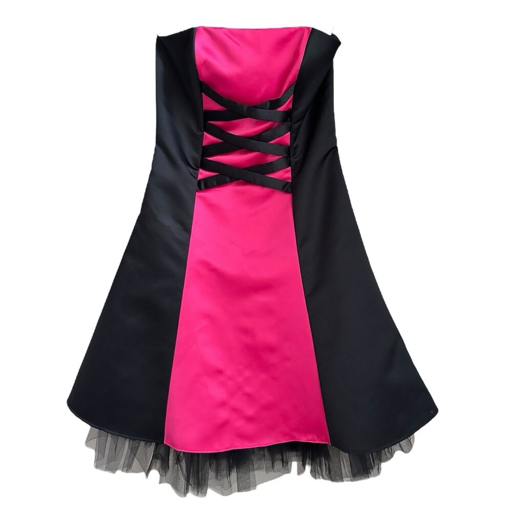 Jessica McClintock Gunne Sax Strapless Black Hot Pink Party Dress Sz 7/8 USA 90s